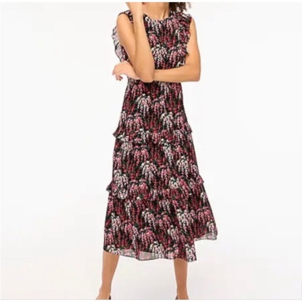J Crew Factory Floral‎ Tiered Ruffle Maxi Dress Black Red Sz 2 Prairie Feminine